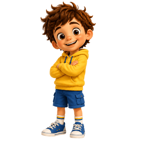 Olli standing with his arms crossed and a wide grin, wearing his yellow hoodie, blue cargo shorts and blue-and-white sneakers